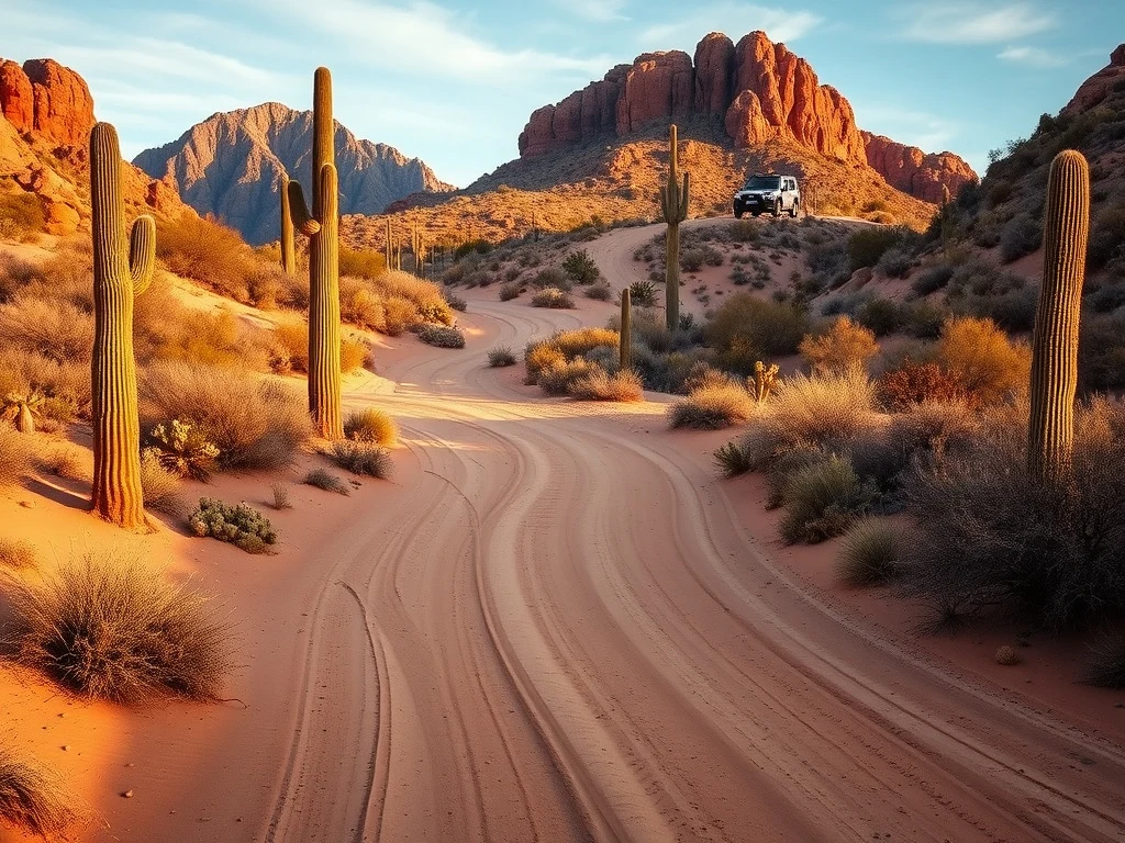Dusty desert off-road trail near Wickenburg, Arizona winding between saguaro cacti