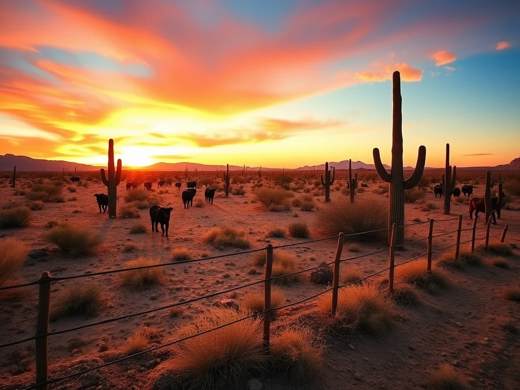 High desert ranch landscape near Wickenburg, Arizona at sunrise with split rail fencing