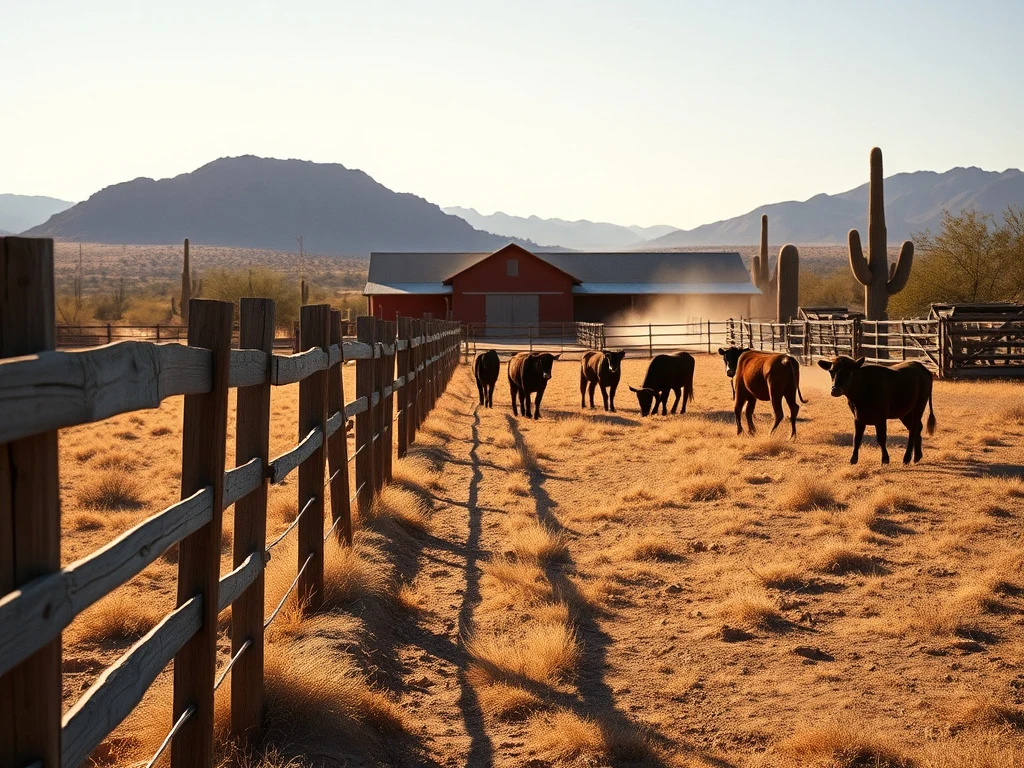 Working cattle ranch with wooden corral fencing in the Arizona high desert near Wickenburg